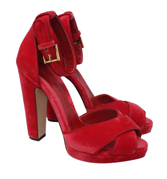 ALEXANDER MCQUEEN Ladies Red Velvet Ankle Strap Heeled Sandals EU40 UK7 NEW