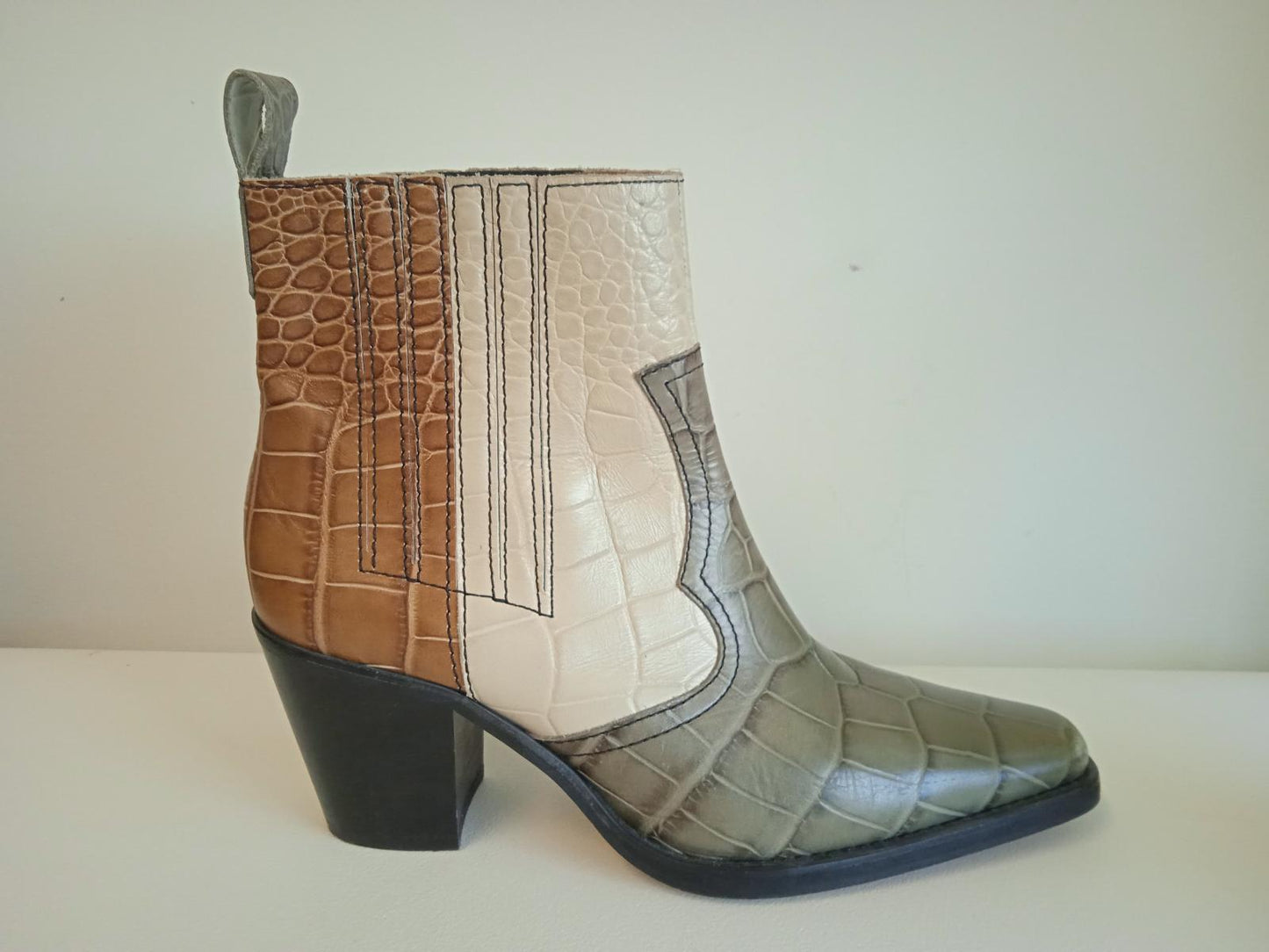 GANNI Ladies Brown, Beige And Green Leather Callie 70 Cowboy Boots EU40 UK7 NEW