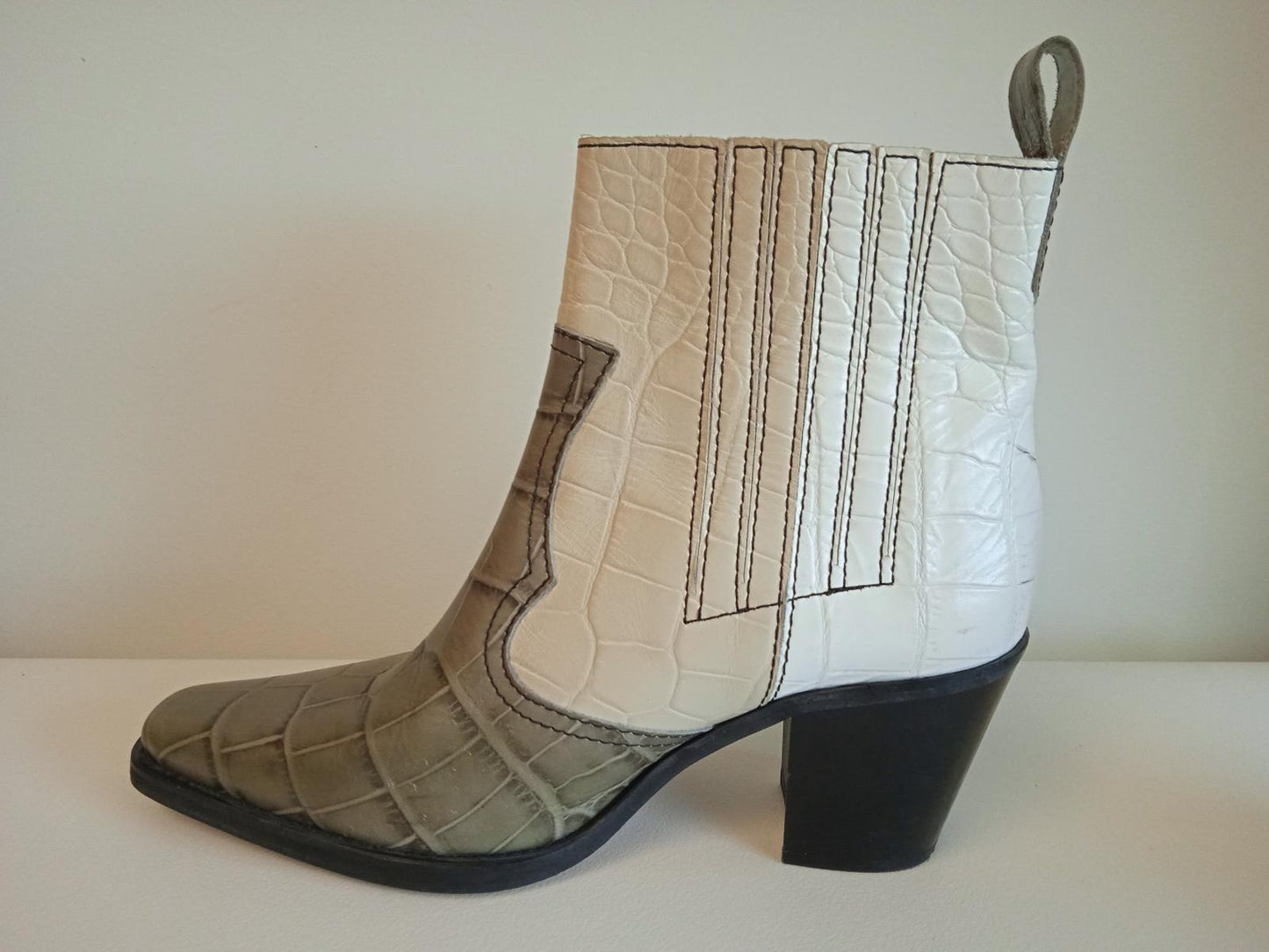 GANNI Ladies Brown, Beige And Green Leather Callie 70 Cowboy Boots EU40 UK7 NEW
