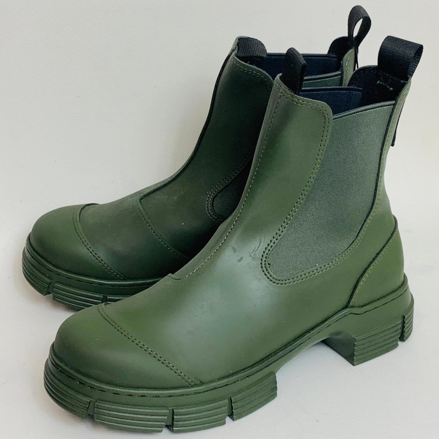 GANNI Chelsea Ladies Green Olive Recycled Rubber Synthetic Boot UK5 NEW RRP355