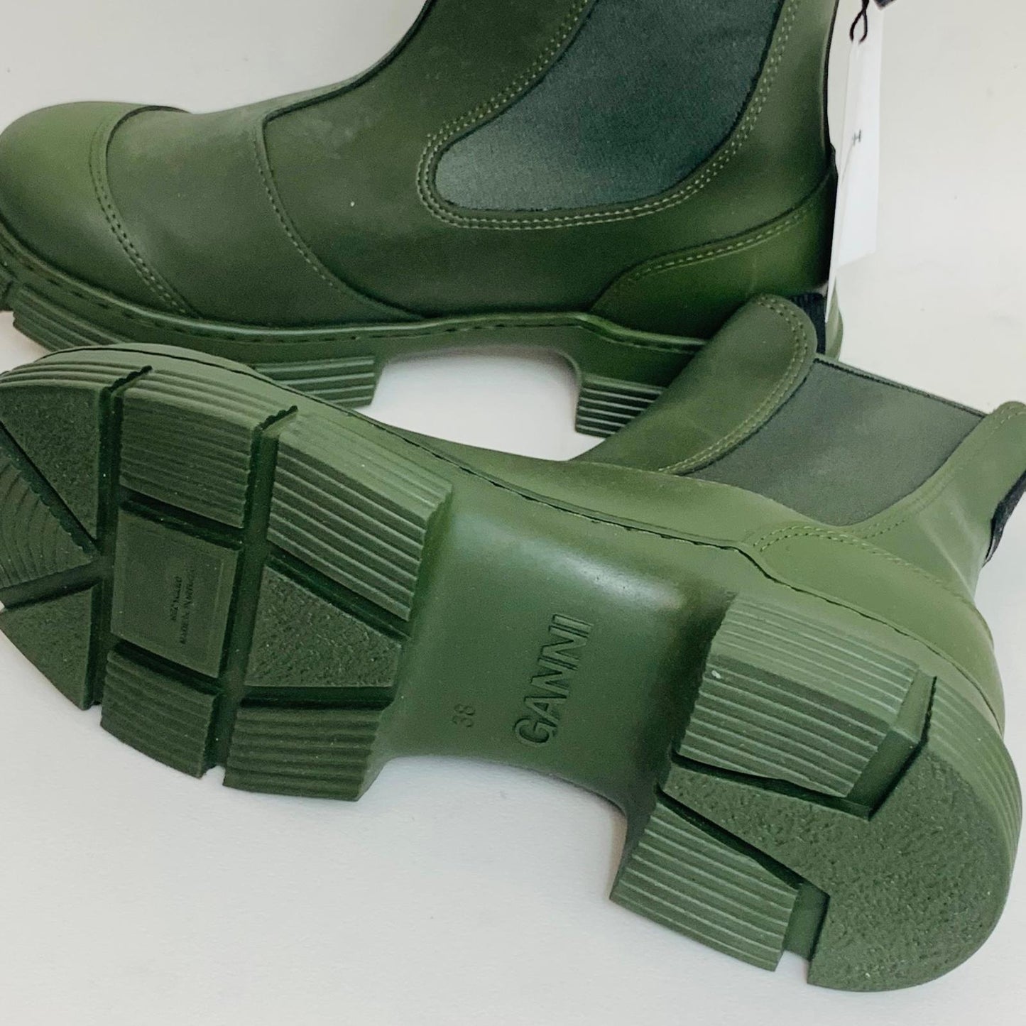 GANNI Chelsea Ladies Green Olive Recycled Rubber Synthetic Boot UK5 NEW RRP355