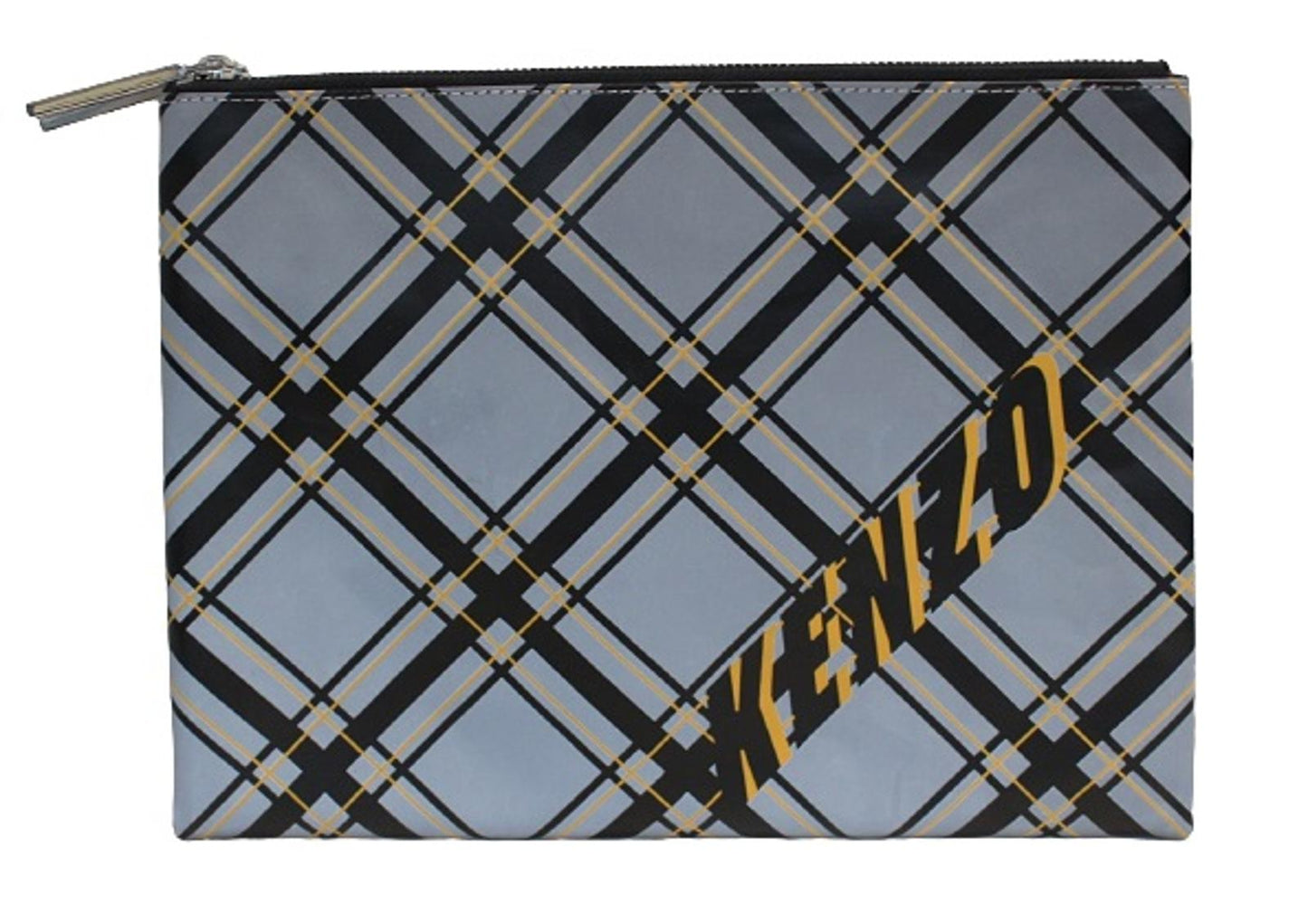 KENZO Unisex Blue Black Yellow Leather Checked Logo Zip Pouch Clutch Bag NEW