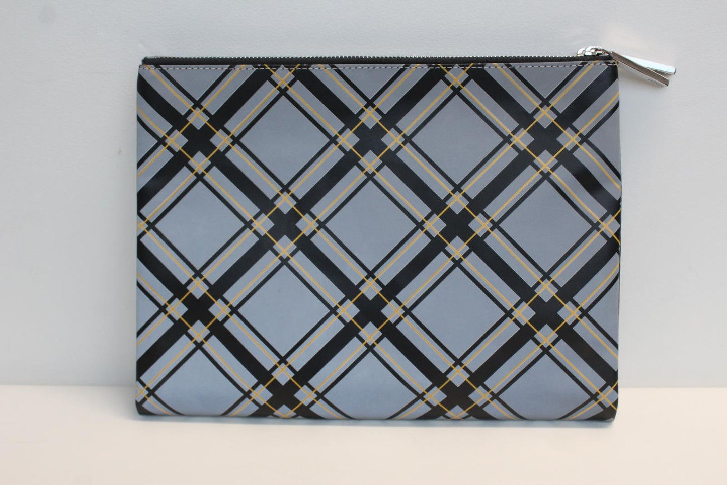 KENZO Unisex Blue Black Yellow Leather Checked Logo Zip Pouch Clutch Bag NEW