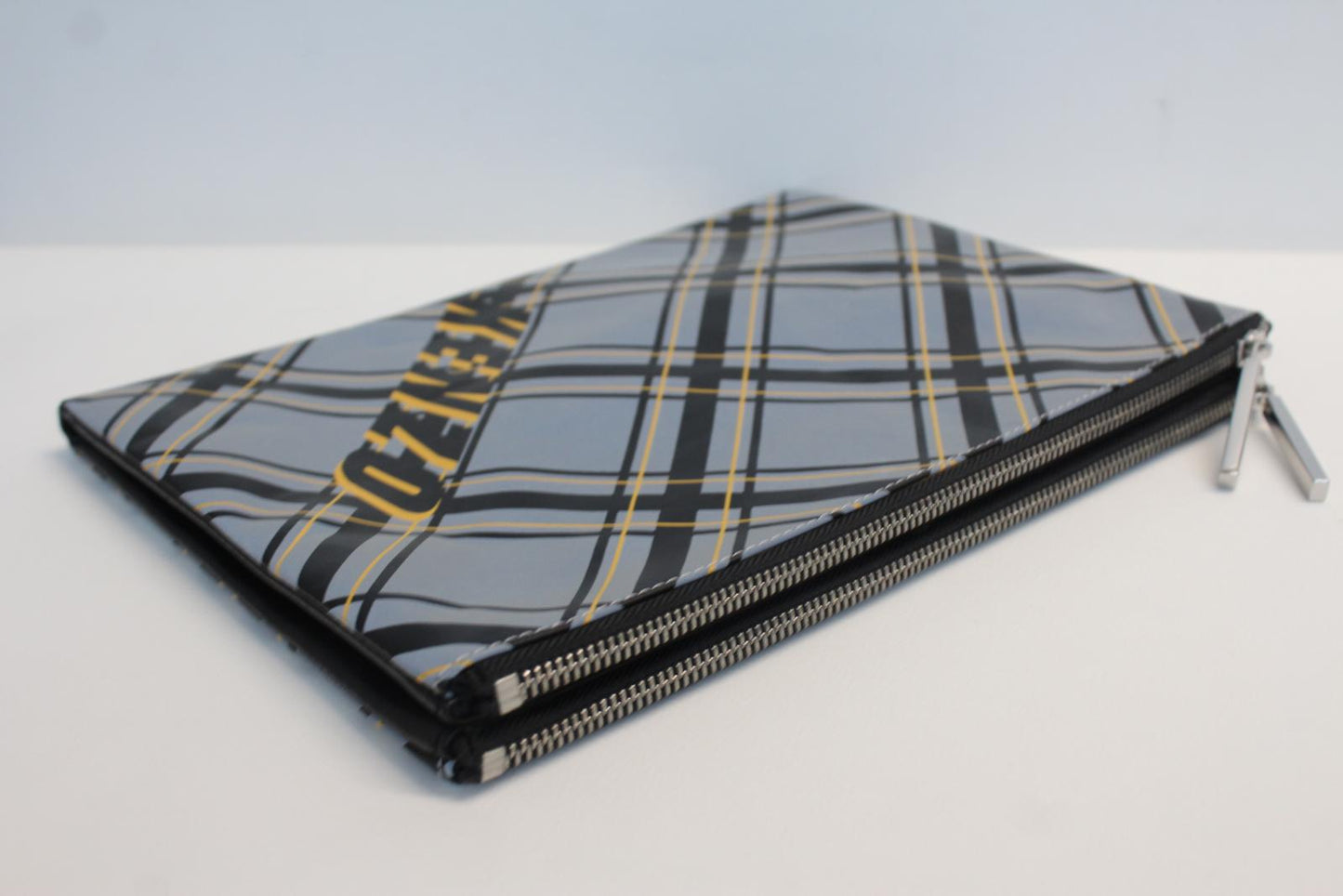 KENZO Unisex Blue Black Yellow Leather Checked Logo Zip Pouch Clutch Bag NEW