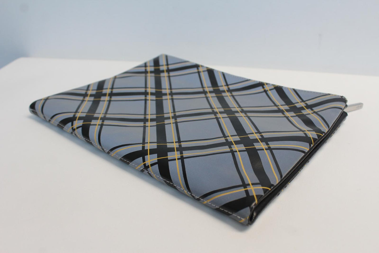 KENZO Unisex Blue Black Yellow Leather Checked Logo Zip Pouch Clutch Bag NEW