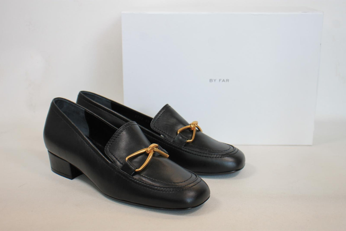 BY FAR Ladies Black Leather Lino Heeled Loafer Shoes EU39 UK6 BNIB RRP395
