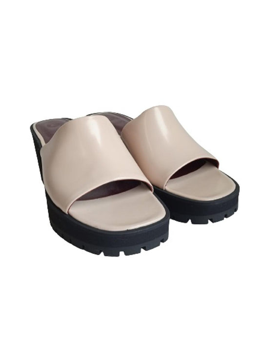 STAUD Ladies Beige Leather Amber Platform Slider Sandals RRP355 IT38 UK5 NEW