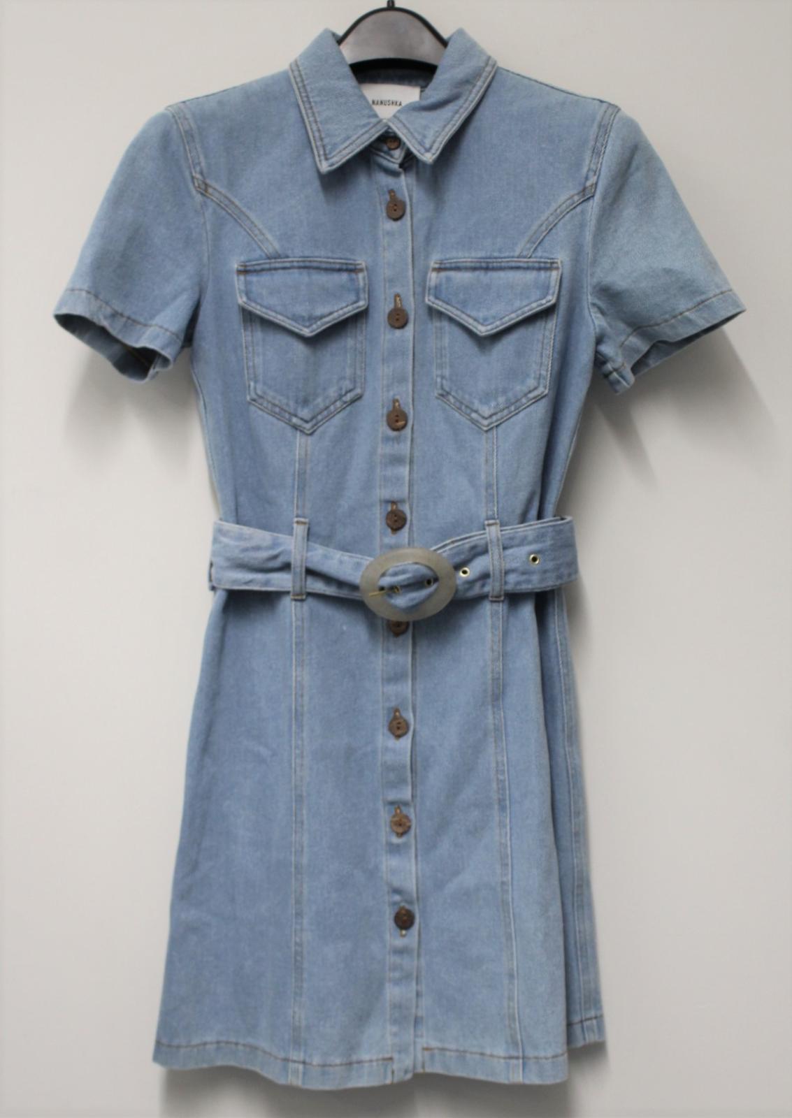 NANUSHKA Ladies 80'S Wash Blue Cotton Denim Belted Shirt Dress Size XS NEW