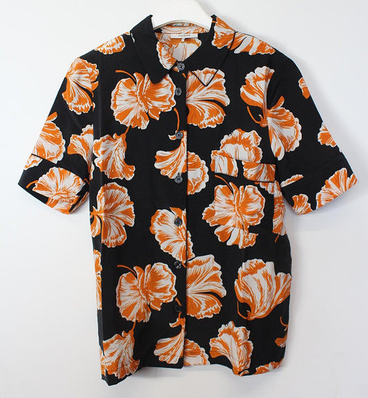 GANNI Ladies Black Orange Floral Short Sleeve Satin Silk Shirt EU34 UK6 NEW