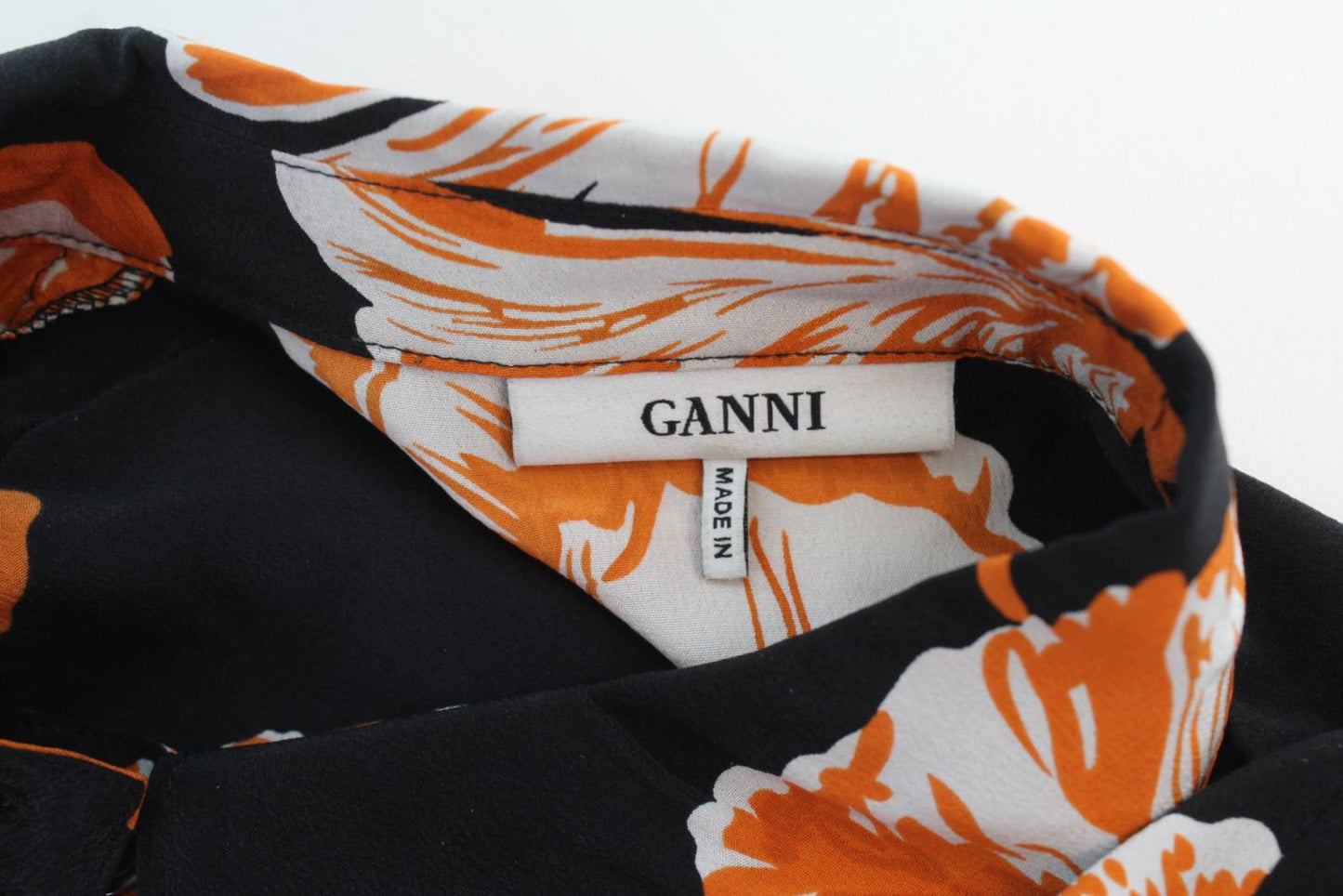 GANNI Ladies Black Orange Floral Short Sleeve Satin Silk Shirt EU34 UK6 NEW