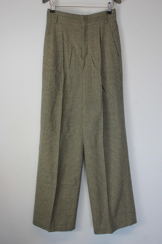CHLOE Green & Beige Wool Dogtooth Wide Straight Leg Trousers EU36 UK8