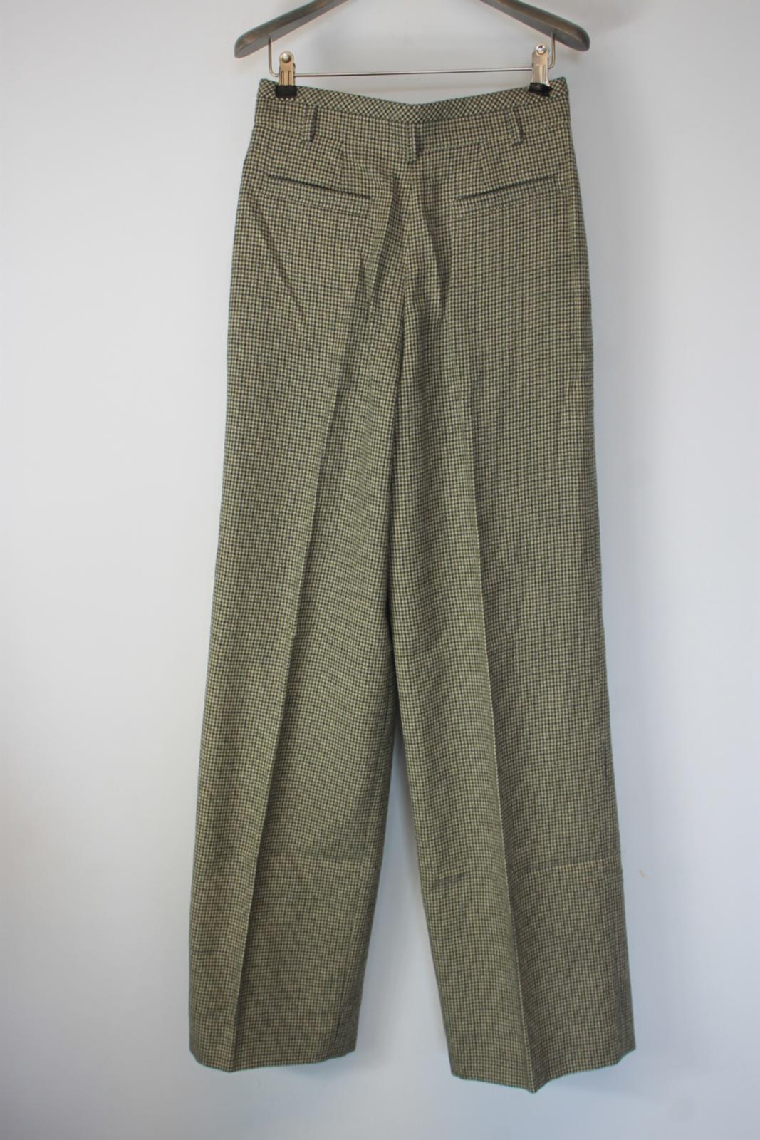 CHLOE Green & Beige Wool Dogtooth Wide Straight Leg Trousers EU36 UK8