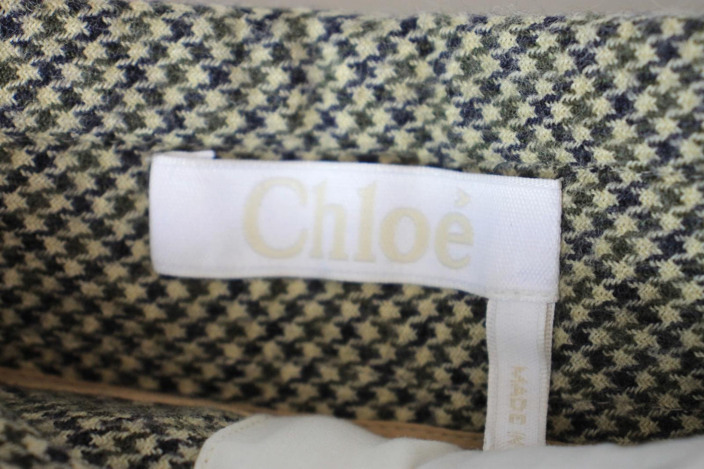 CHLOE Green & Beige Wool Dogtooth Wide Straight Leg Trousers EU36 UK8