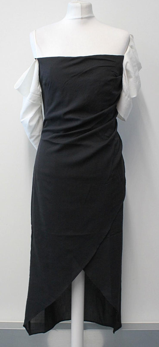 REJINA PYO Ladies Layla Ivory/Black Crepe Cold Shoulder Dress Size UK10 NEW