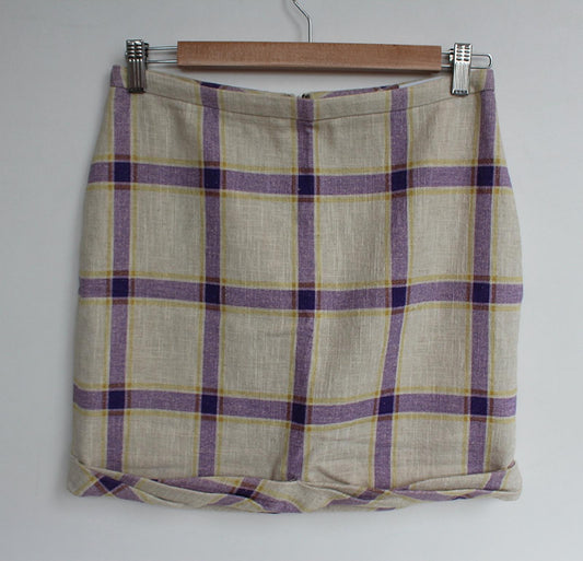 REJINA PYO Ladies Cecilie Purple Yellow Gathered Check Linen Mini Skirt UK8 NEW