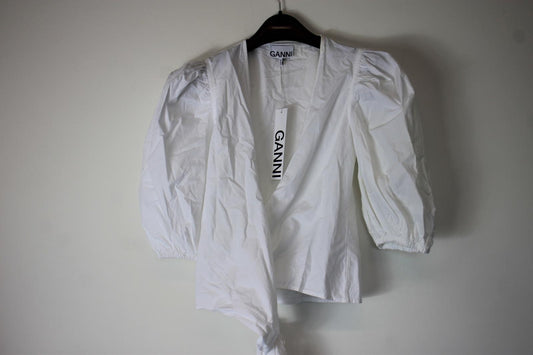 GANNI Ladies White Cotton Long Sleeve Puff Sleeve Wrap Top EU36 UK8 NEW