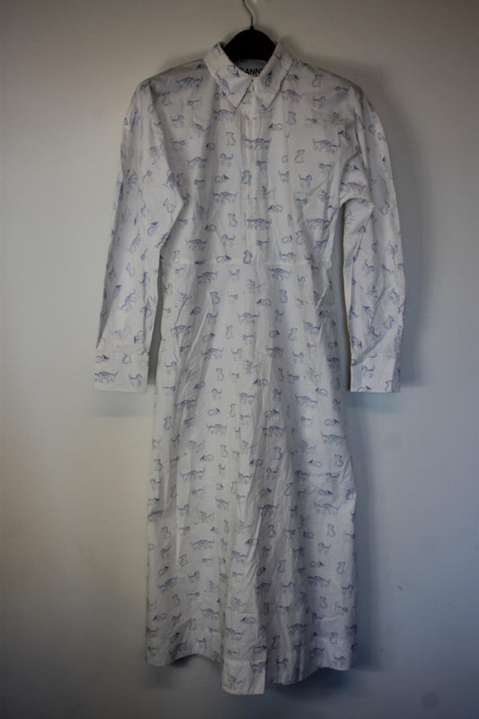 GANNI Ladies White Cotton Long Sleeve Kitten Shirt Dress EU34 UK6 BNWT