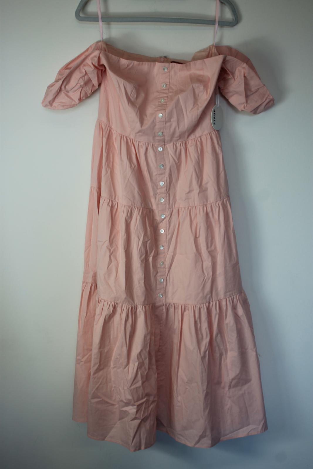 STAUD Ladies Pink Cotton Off-The-Shoulder A-Line Midi Elio Dress EU42 UK14 BNWT