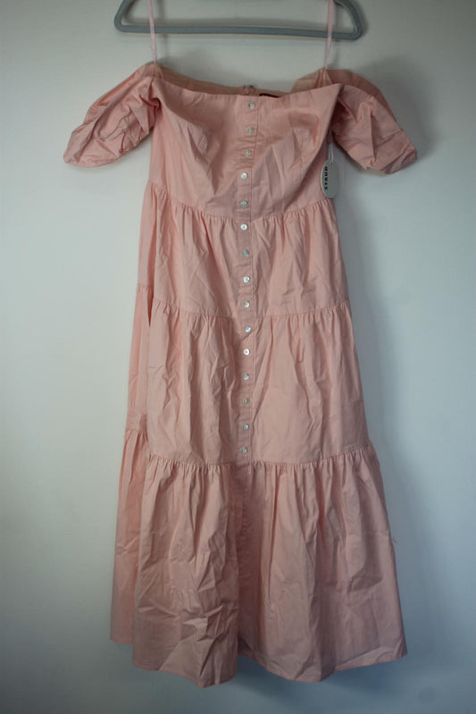 STAUD Ladies Pink Cotton Off-The-Shoulder A-Line Midi Elio Dress EU42 UK14 BNWT