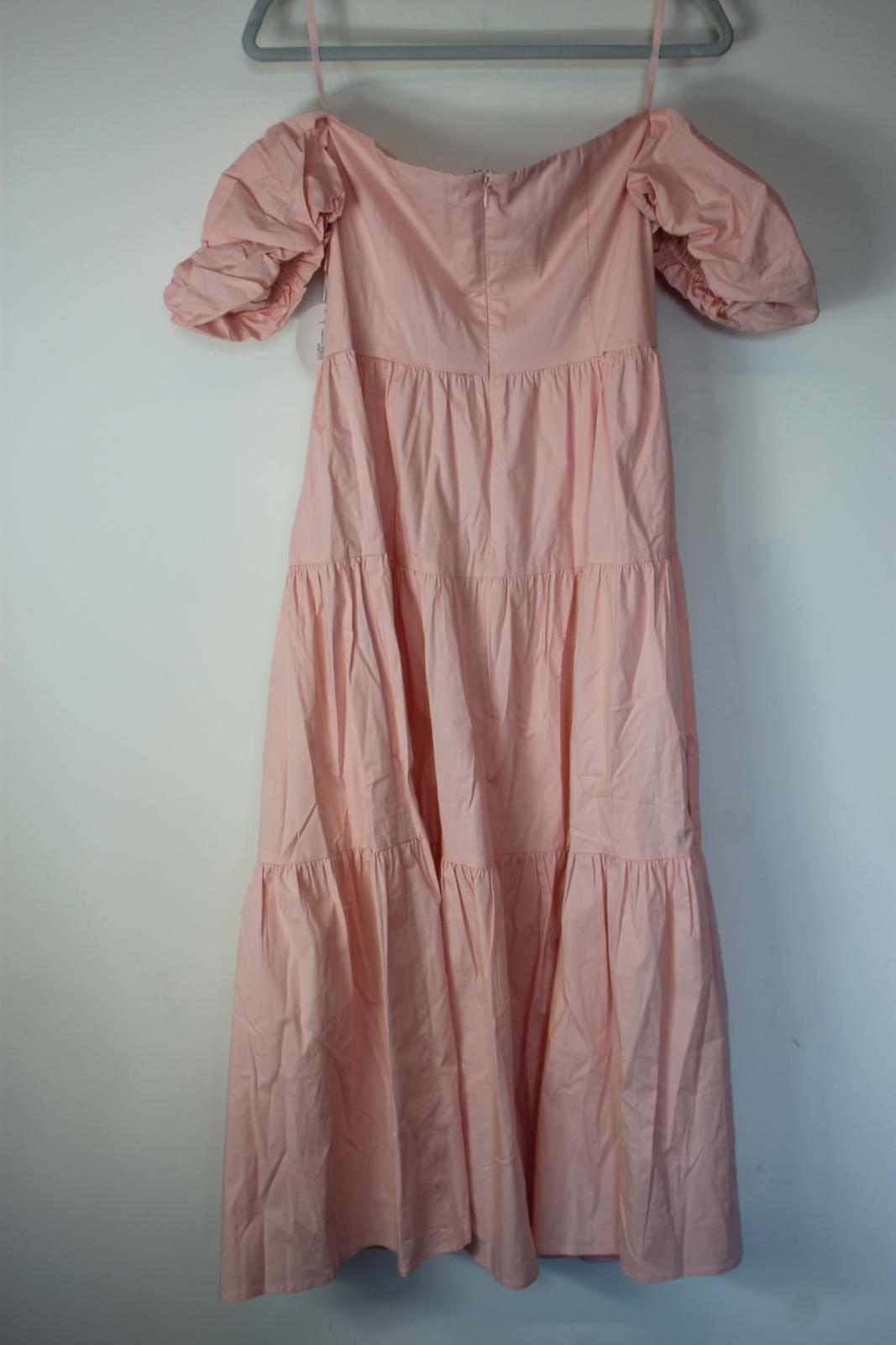 STAUD Ladies Pink Cotton Off-The-Shoulder A-Line Midi Elio Dress EU42 UK14 BNWT