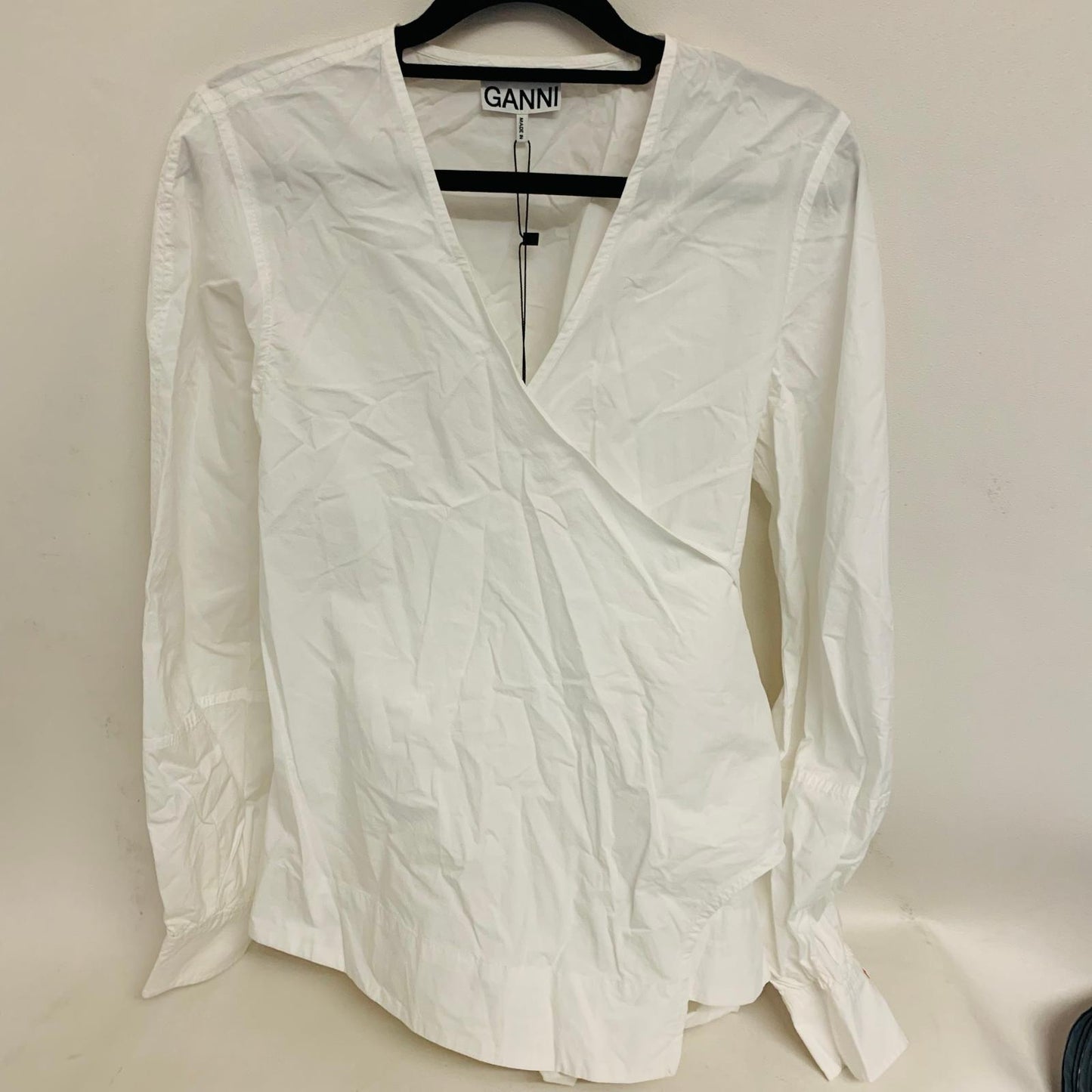 GANNI White Ladies Long Sleeve Wrap Shirt Blouse V-Neck UK 8 NEW