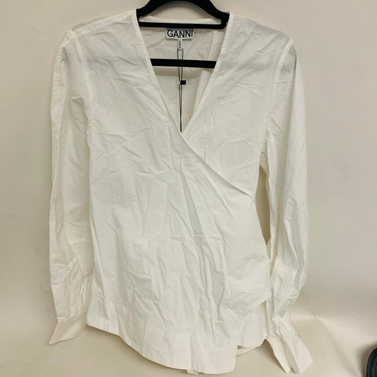 GANNI White Ladies Long Sleeve Wrap Shirt Blouse V-Neck UK 8 NEW