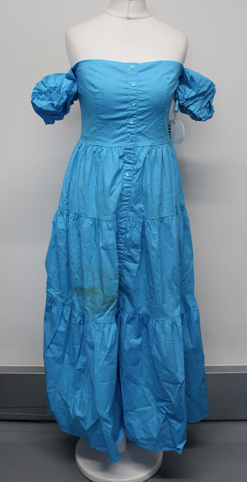 STAUD Ladies Elio Bright Blue Off The Shoulder Tiered Midi Dress UK4 NEW