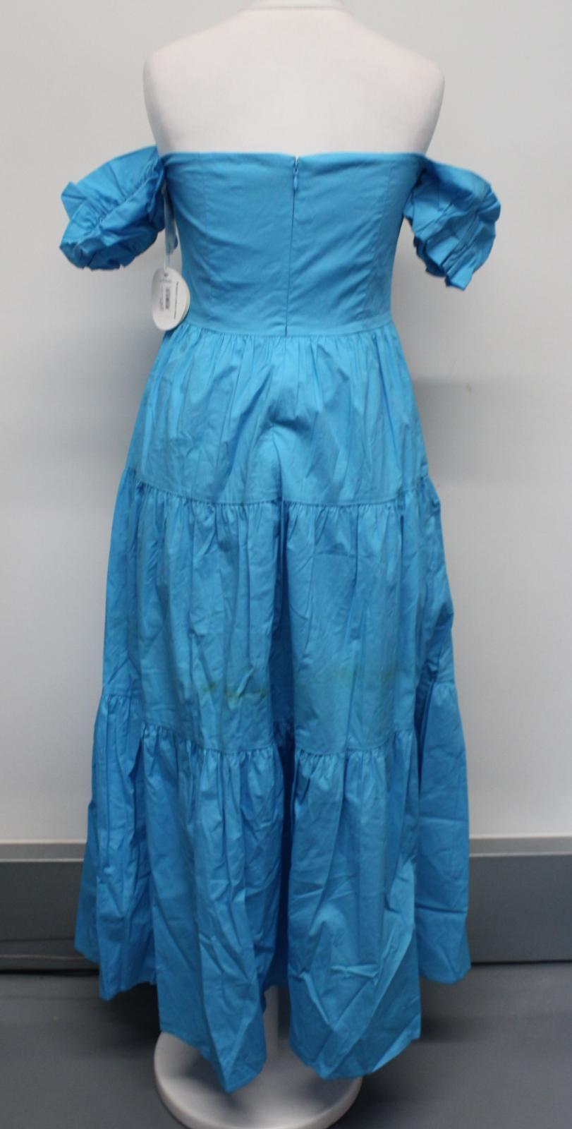 STAUD Ladies Elio Bright Blue Off The Shoulder Tiered Midi Dress UK4 NEW