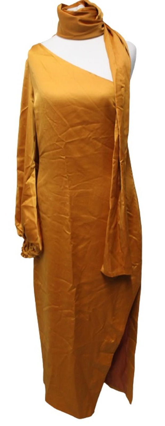 STAUD Ladies Farrah Cumin Orange Satin One Shoulder Side Slit Midi Dress UK8 NEW
