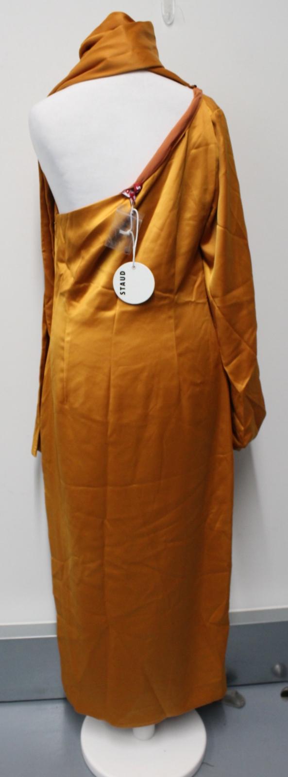 STAUD Ladies Farrah Cumin Orange Satin One Shoulder Side Slit Midi Dress UK8 NEW