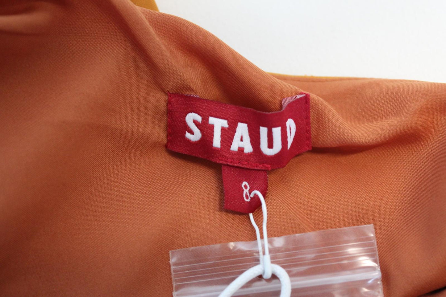 STAUD Ladies Farrah Cumin Orange Satin One Shoulder Side Slit Midi Dress UK8 NEW