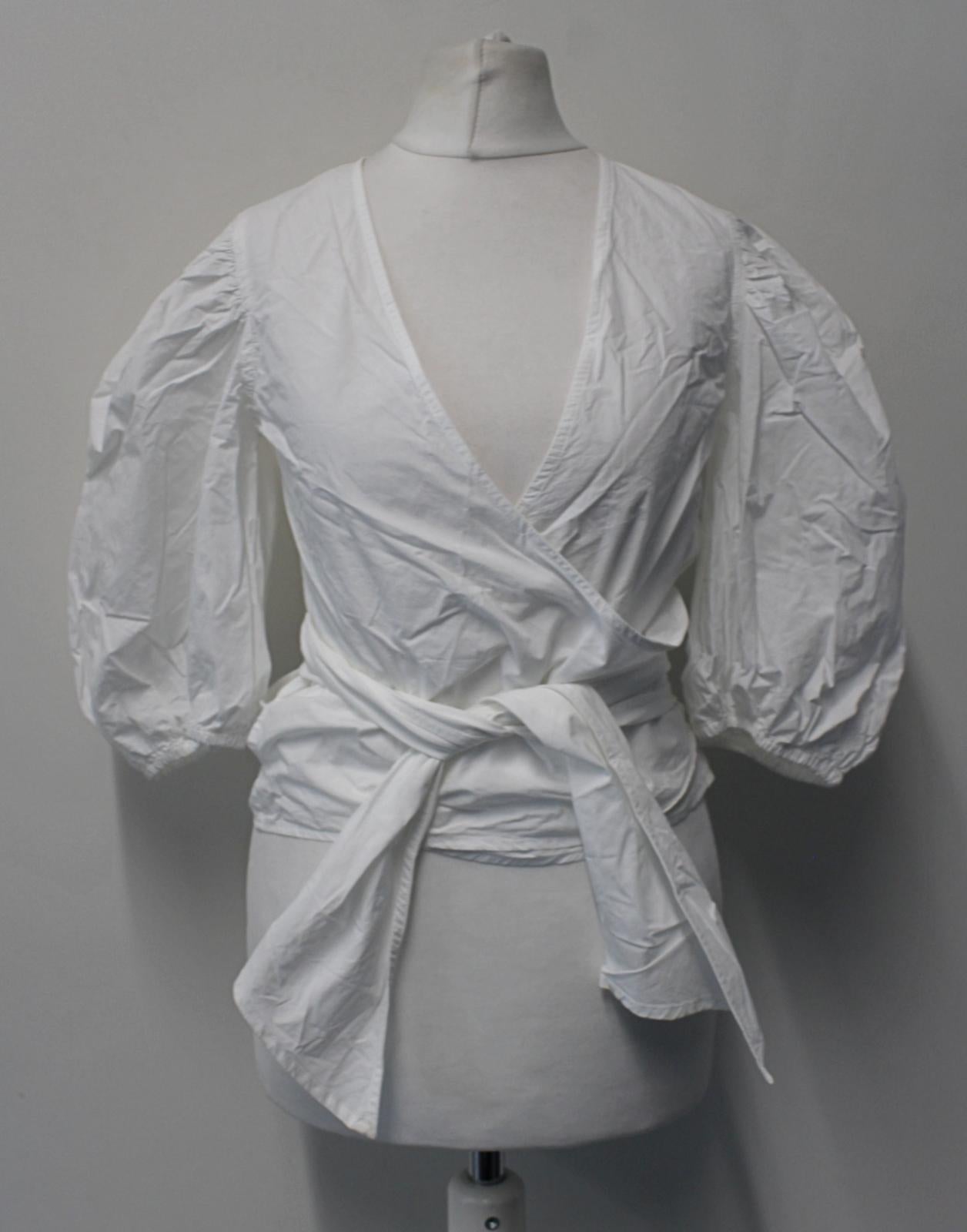 GANNI Ladies White Wrap Front Puff Sleeve Cropped Cotton Blouse EU34 UK6 NEW