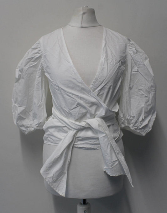GANNI Ladies White Wrap Front Puff Sleeve Cropped Cotton Blouse EU34 UK6 NEW
