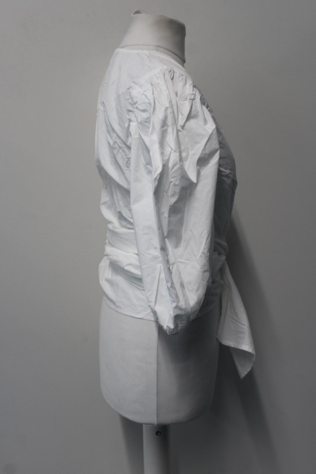 GANNI Ladies White Wrap Front Puff Sleeve Cropped Cotton Blouse EU34 UK6 NEW