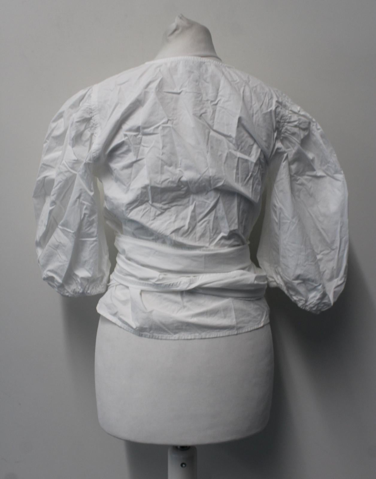 GANNI Ladies White Wrap Front Puff Sleeve Cropped Cotton Blouse EU34 UK6 NEW
