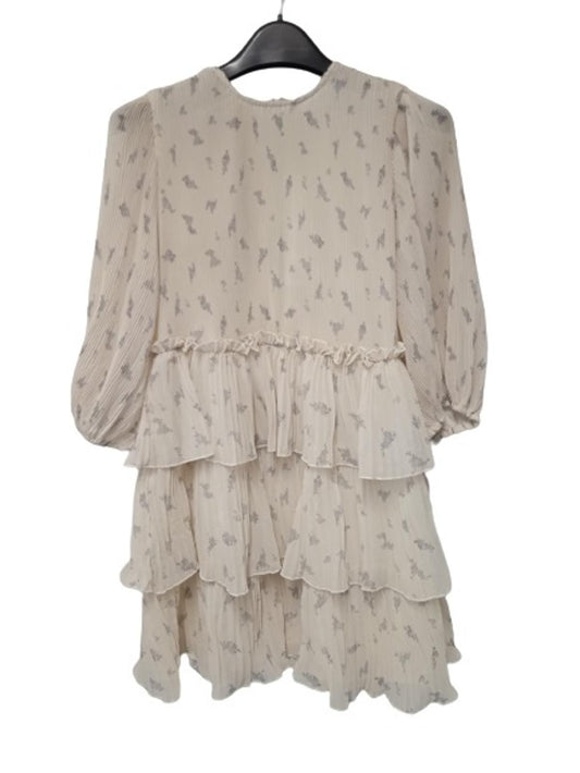 GANNI Ladies Beige Floral Print Pleated Georgette Mini Dress EU36 UK8 NEW