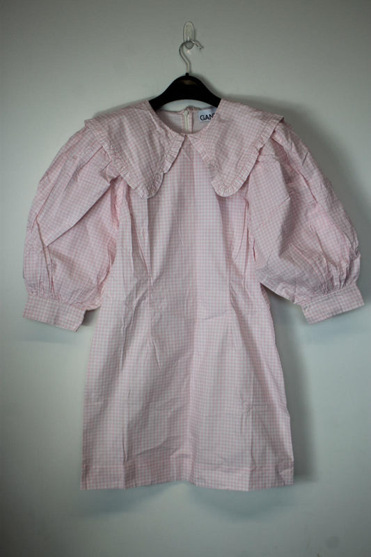 GANNI Ladies Pink & White Cotton Check Puff Sleeve Knee Length Dress UK12 NEW