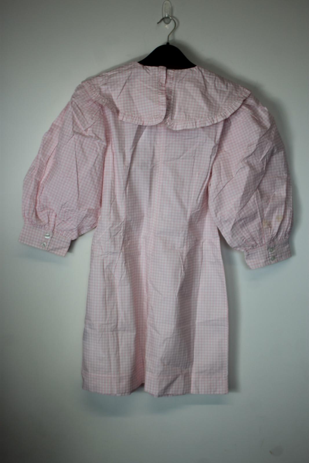 GANNI Ladies Pink & White Cotton Check Puff Sleeve Knee Length Dress UK12 NEW
