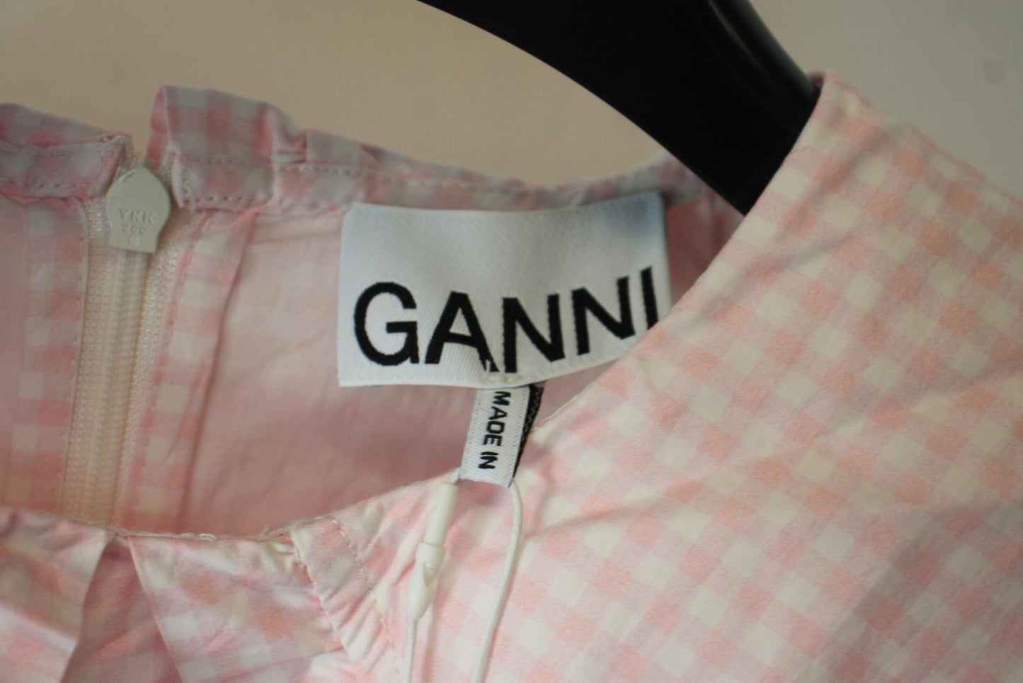 GANNI Ladies Pink & White Cotton Check Puff Sleeve Knee Length Dress UK12 NEW