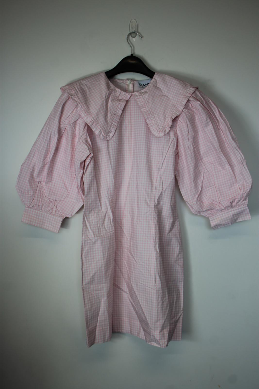 GANNI Ladies Pink & White Cotton Check Puff Sleeve Knee Length Dress UK12 BNWT