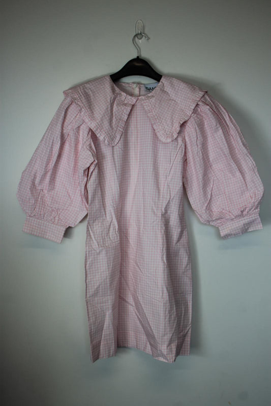 GANNI Ladies Pink & White Cotton Check Puff Sleeve Knee Length Dress UK12 BNWT