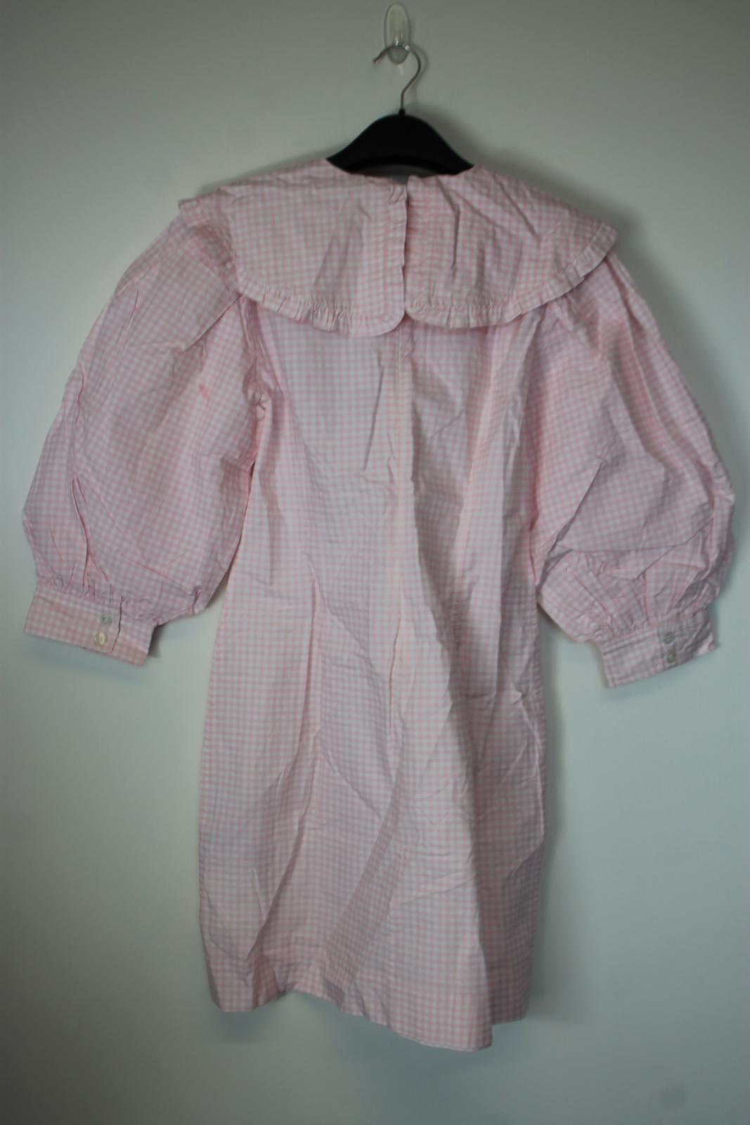 GANNI Ladies Pink & White Cotton Check Puff Sleeve Knee Length Dress UK12 BNWT