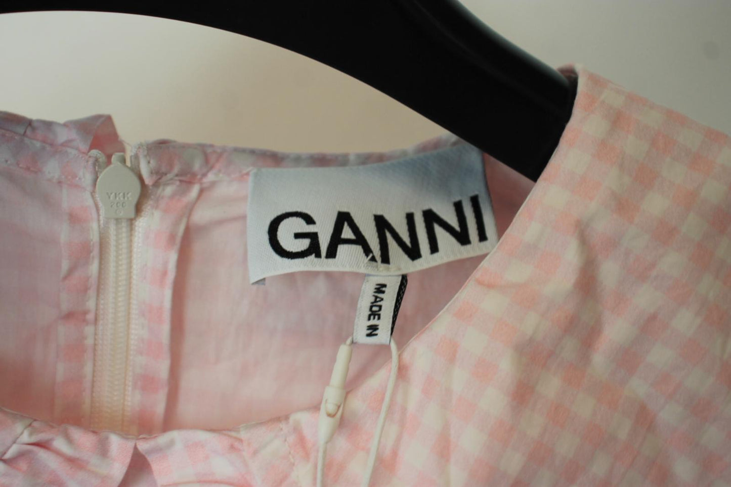 GANNI Ladies Pink & White Cotton Check Puff Sleeve Knee Length Dress UK12 BNWT