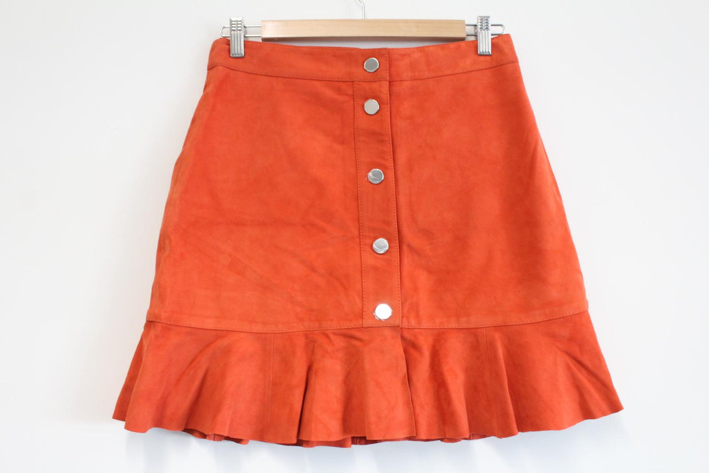 GANNI Ladies Orange Goat Suede Leather Salvia Mini Ruffle Skirt EU38 UK10 NEW