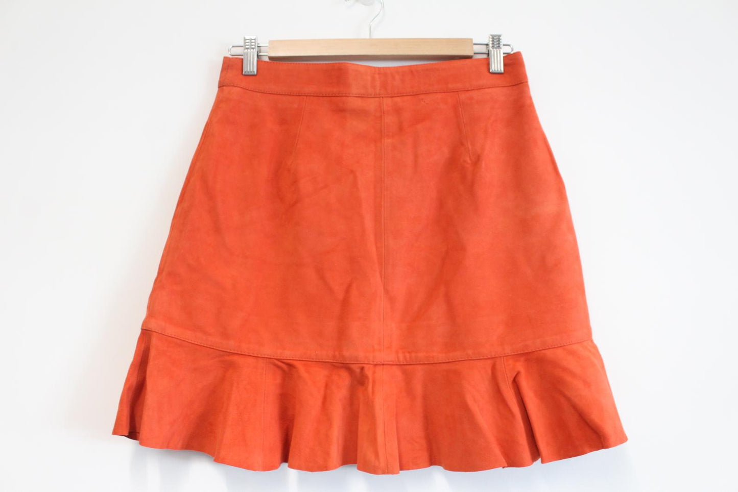 GANNI Ladies Orange Goat Suede Leather Salvia Mini Ruffle Skirt EU38 UK10 NEW