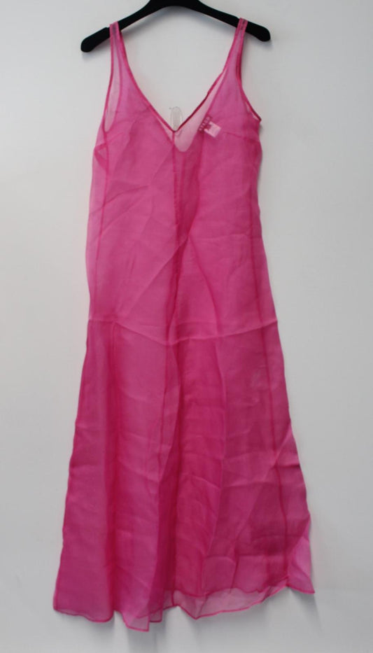 STAUD Ladies Bright Pink Sheer Silk Sleeveless V-Neck Maxi Dress Size XS NEW