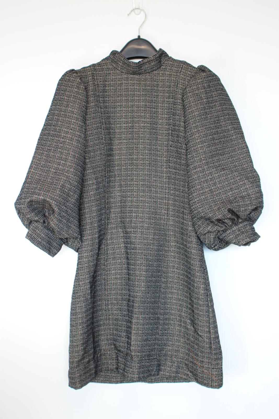 GANNI Ladies Black Check Puff Sleeve High Neck Sheath Dress EU38 UK10 BNWT