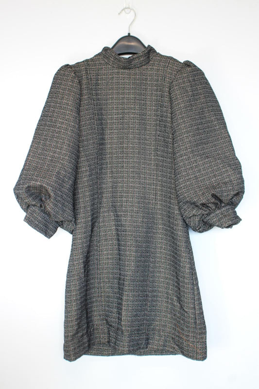 GANNI Ladies Black Check Puff Sleeve High Neck Sheath Dress EU38 UK10 BNWT