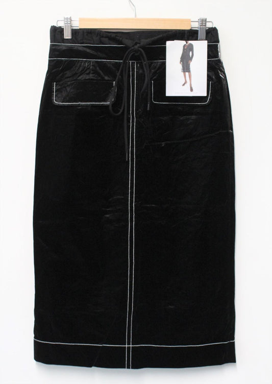 REJINA PYO Ladies Black Crinkle Coated Shell Taylor Midi Pencil Skirt UK12 NEW