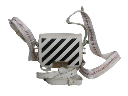 OFF-WHITE Ladies White Black Leather Diagonal Flap Mini Binder Clip Bag NEW